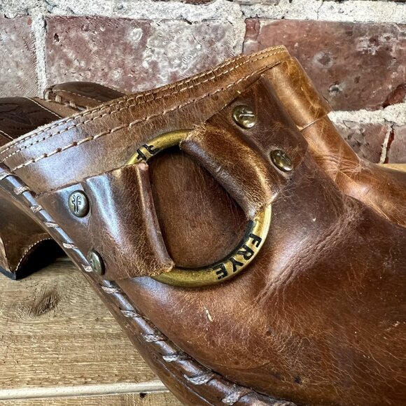 Frye Charlotte Women's Brown Leather Slip on Heeled Mules Clogs Size 8.5 - Picture 2 of 12